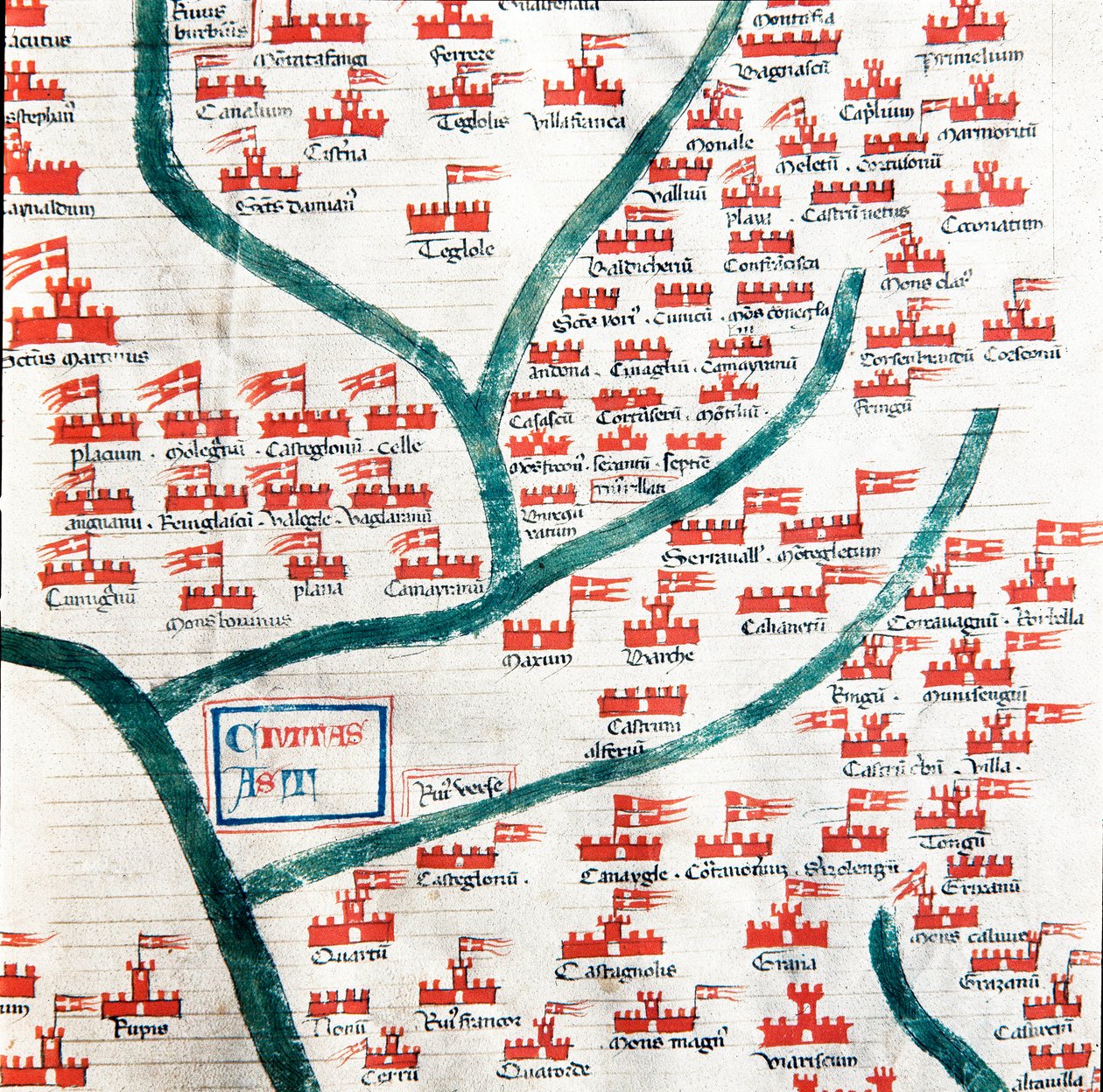 Karta som visar kommunerna som tillhör staden Asti på 1200-talet Miniatyr hämtad från "" Codex Astensis" (eller Malabayla), krönikor om staden Asti mellan 1065 och 1353. 1300-talet. Bevara i borgmästaren i Asti av Italian School