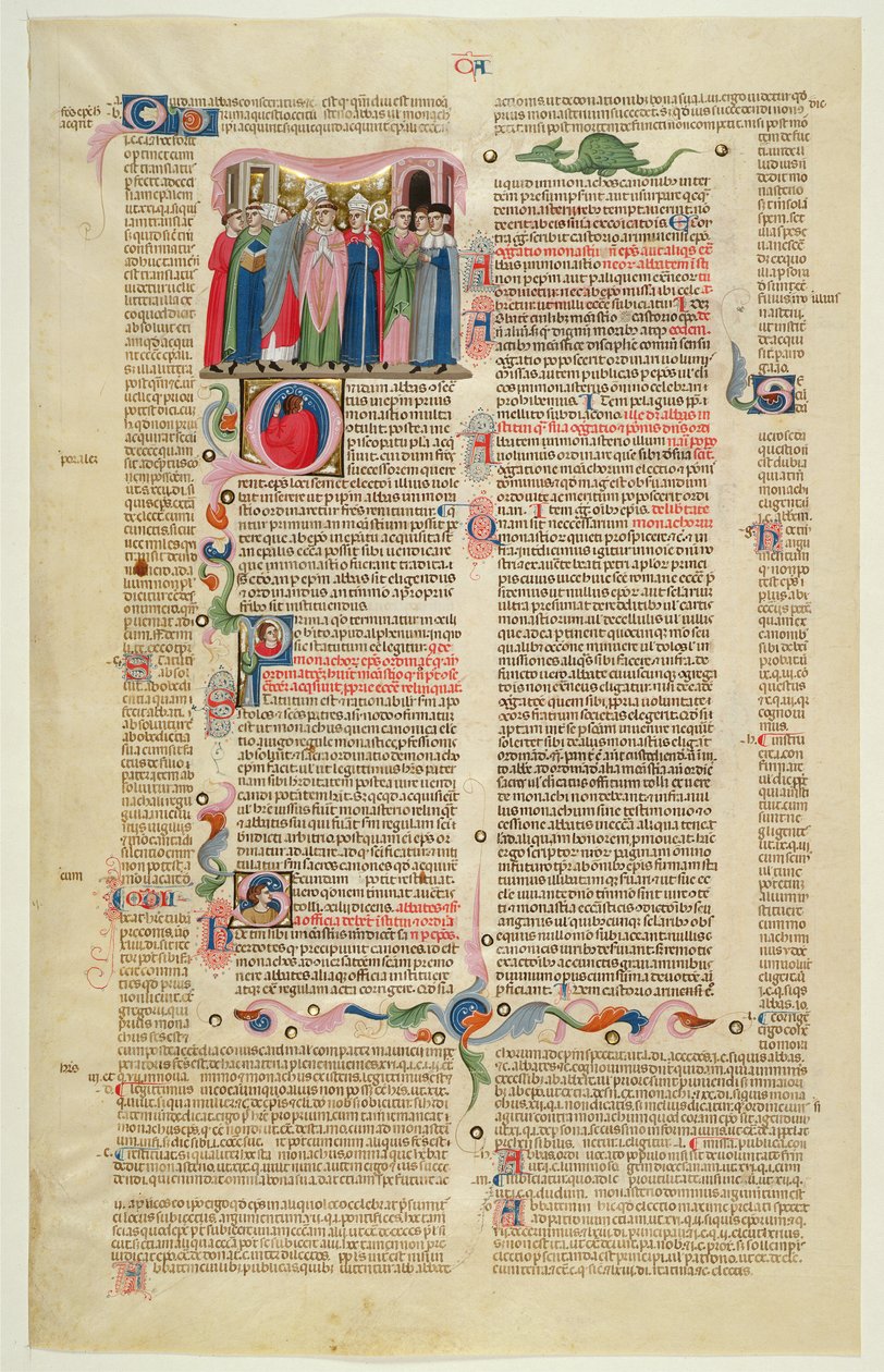 Marlay Cutting IT.7: Löv med miniatyr från Gratians Decretum som visar fallet med abboten som blev biskop av Italian School
