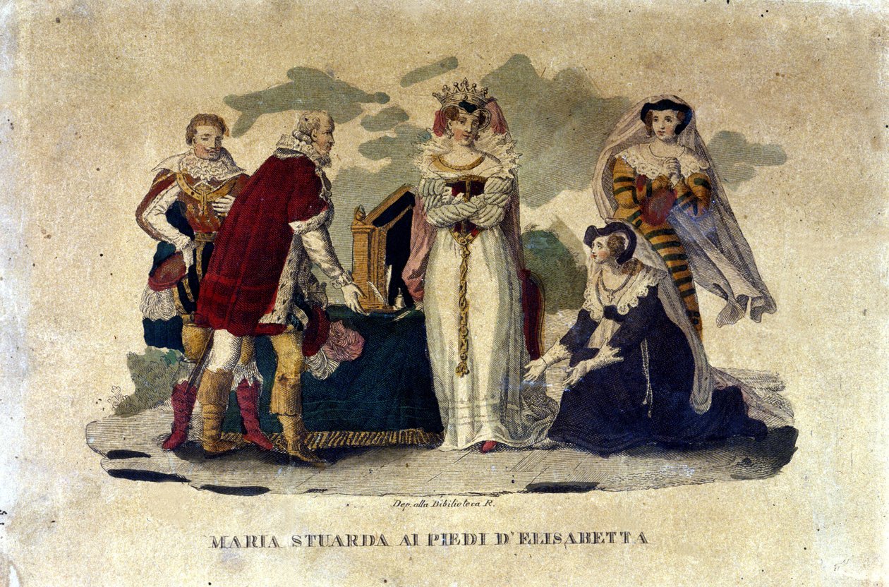 Mary Stuart vid Elizabeth I:s fötter, i operan Maria Stuarda av Gaetano Donizetti, 1810 av Italian School