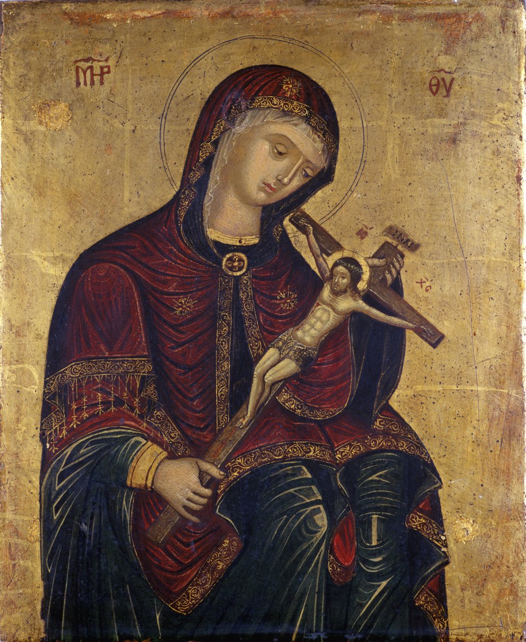 Maria med krucifixet (tempera på pilträ) av Italian School