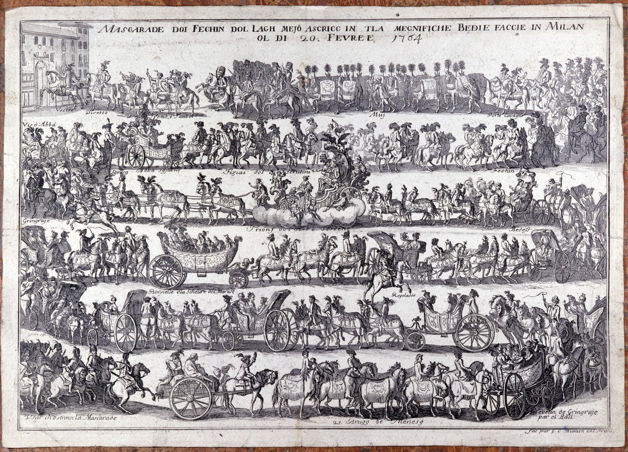 Maskerad: procession och dans av människor masker med anledning av karneval. Milano 1764-02-20 Gravyr från 1700-talet av Italian School