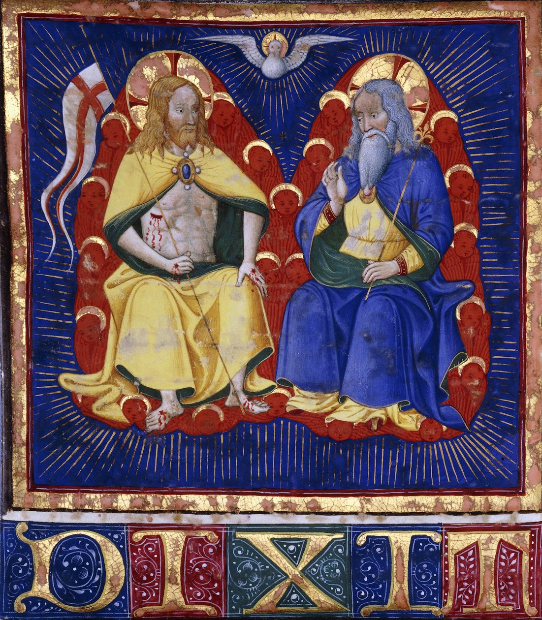 Master of the Vitae Imperatorum: The Trinity, miniatyr från en upplyst körbok på veläng, ca 1440 (målad och polerat guld på veläng) av Italian School