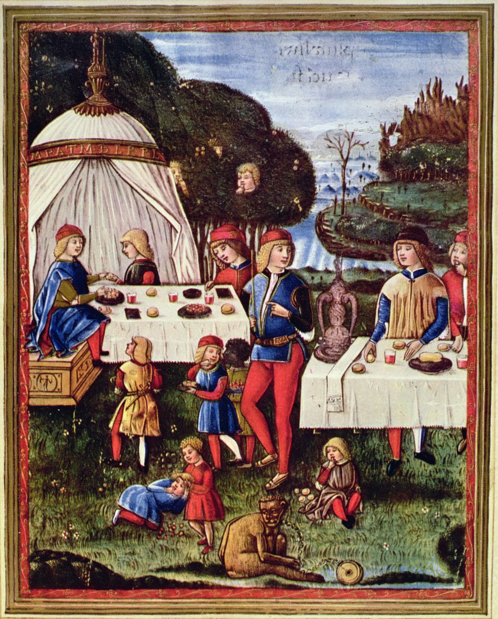 Maximilian Sforza som barn åt en måltid i trädgården, illustration från en kopia av 