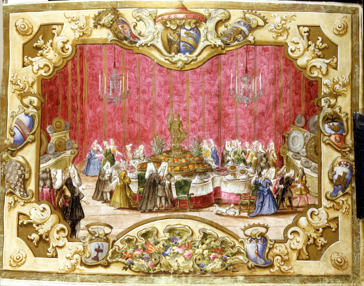 Måltid ges för att hedra gonfaloniern Zambeccari för rättsväsendets engagemang. 1720. Bologna, Statsarkivet. av Italian School