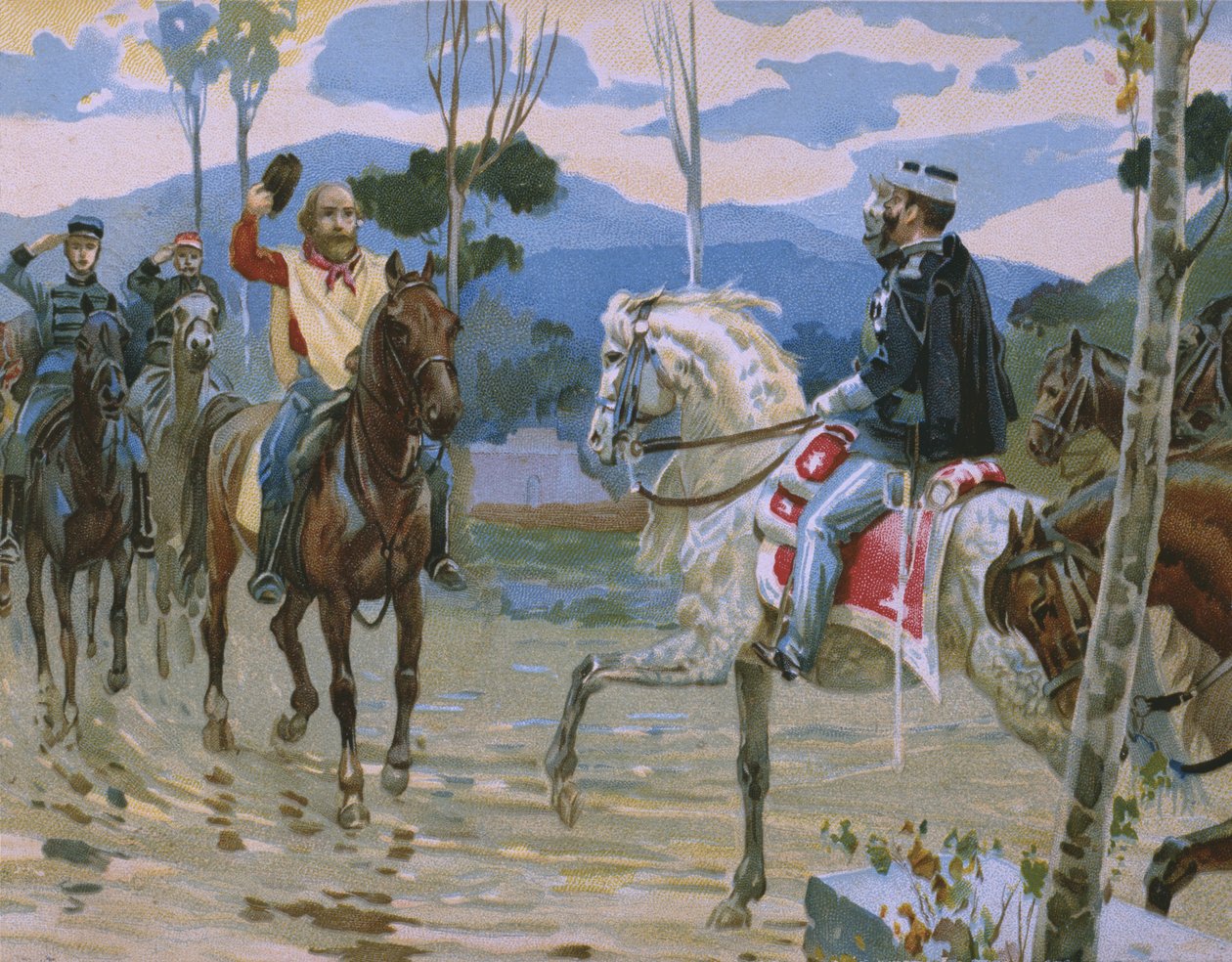 Möte mellan Giuseppe Garibaldi och kung Victor Emmanuel II (1820-78) den 26 oktober 1860 i Teano, illustration från ett album om Risorgimentos historia gjord för chokladen Talmone, la av Italian School