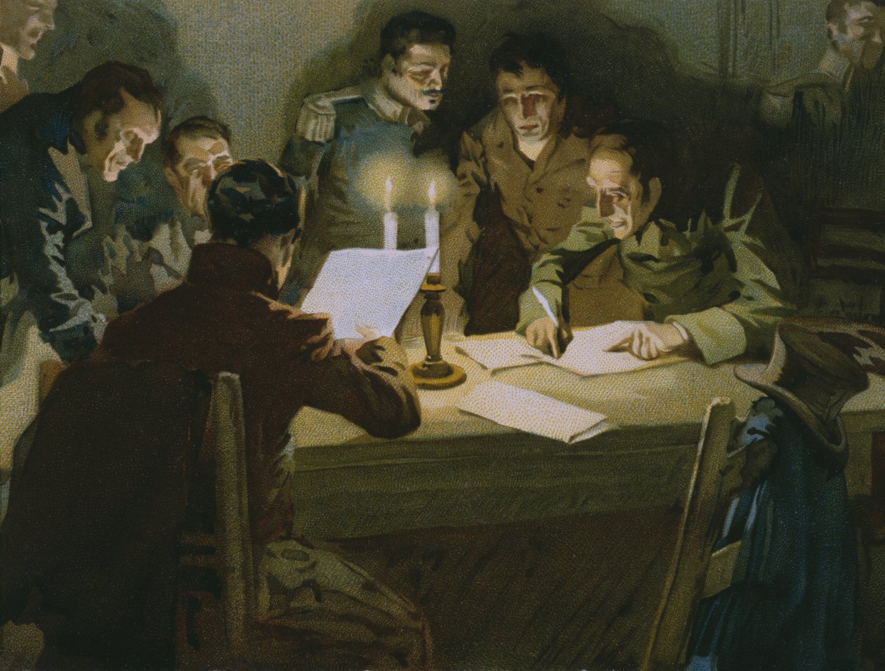 Möte med de första partisanerna som gjorde motstånd mot ockupanterna, Carbonaris födelse, illustration från ett album om Risorgimentos historia gjord för choklad Talmone, sent 1800-tal (chromolitho av Italian School