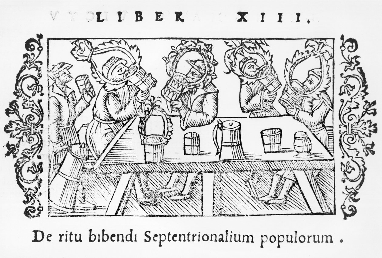 Män som dricker, illustration från History of the Northern Nations av Olaus Magnus (1490-1558), publicerad i Rom, 1555 av Italian School