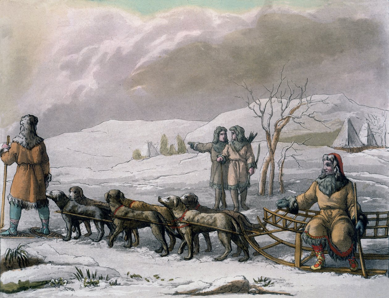 Män från Kamchatska, med en hundsläde, från Costumi dei... av Giulio Ferrario, ca 1820-30-talet av Italian School