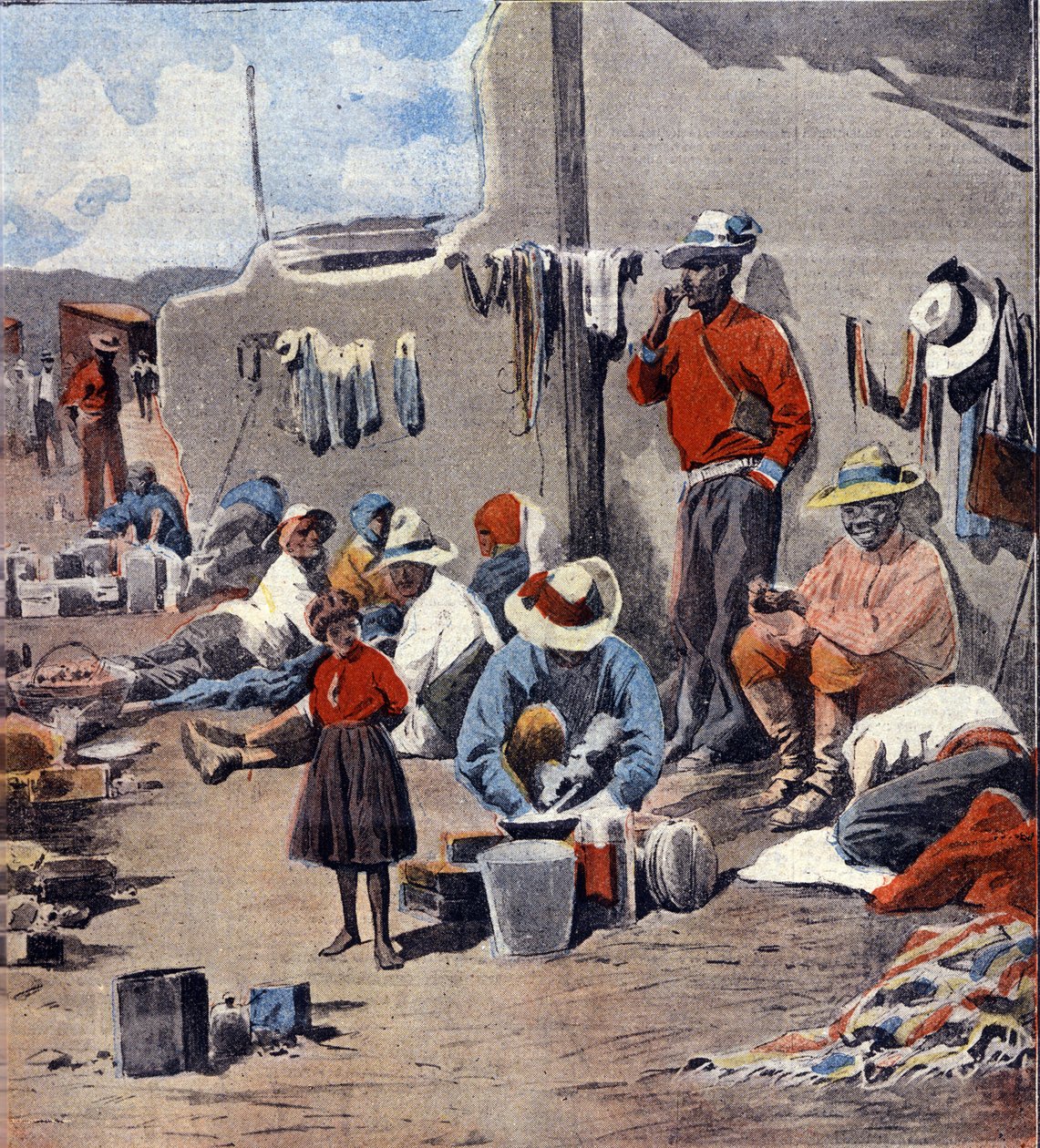 Mexikanska revolutionen: flyktingfamiljer som flyr undan rebellernas framfart Illustration av Minardi i "L