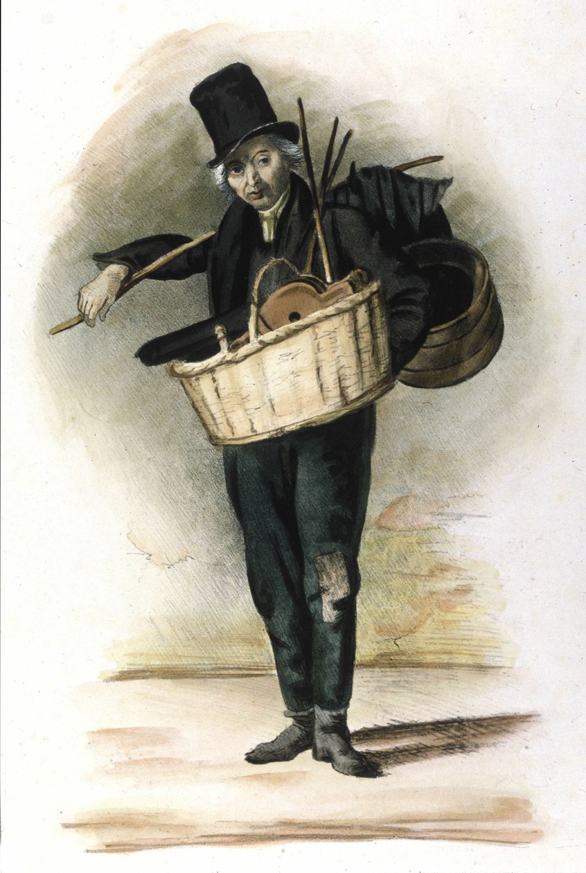 Milanese Metier: en reparatör av paraplyer, paraplyer och bälgar. Gravyr av Locarno från 1830. av Italian School
