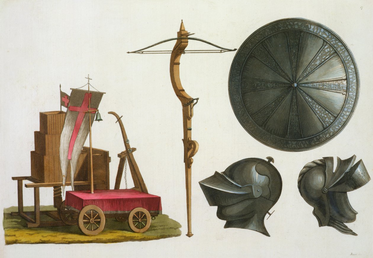 Milanesisk vagn, armborst och rustning, skylt 17 från Le Costume Ancien et Moderne, av Jules Ferrario, publicerad ca 1820-30-talet av Italian School
