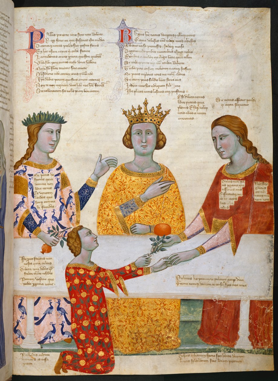 Miniatyr av domen i Paris, med Pallas Athena, Juno och Venus sittande vid ett bord, och Paris som ger en olivkvist till Venus, illustration från 