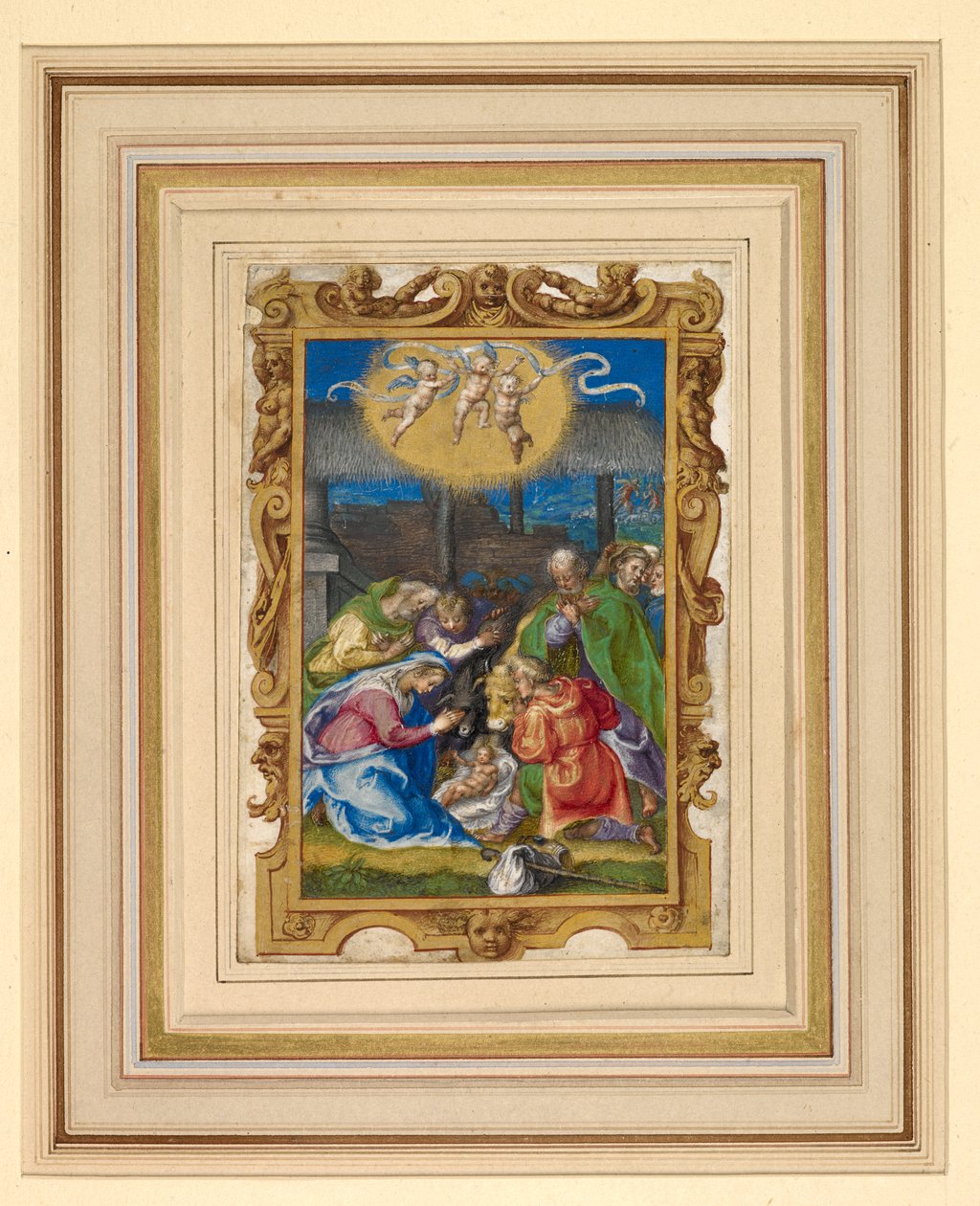 Födelsefödelseminiatyr med den heliga familjen och herdar i ett stall, med tre putti som bär en inskriven rulla ovanför och tillkännagivandet till herdarna i bakgrunden (vellum) av Italian School