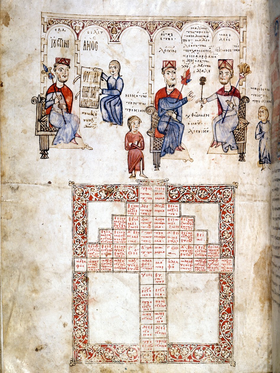 Miniatyrsida av ”Ecloga Legum””, juridiskt manuskript från 1175. De visade karaktärerna är från vänster till höger Justinianus I (482 - 565), Leo I (457-474) och Konstantin I den store (270/288 - 337) . Venedig, bibl. Marciana. av Italian School