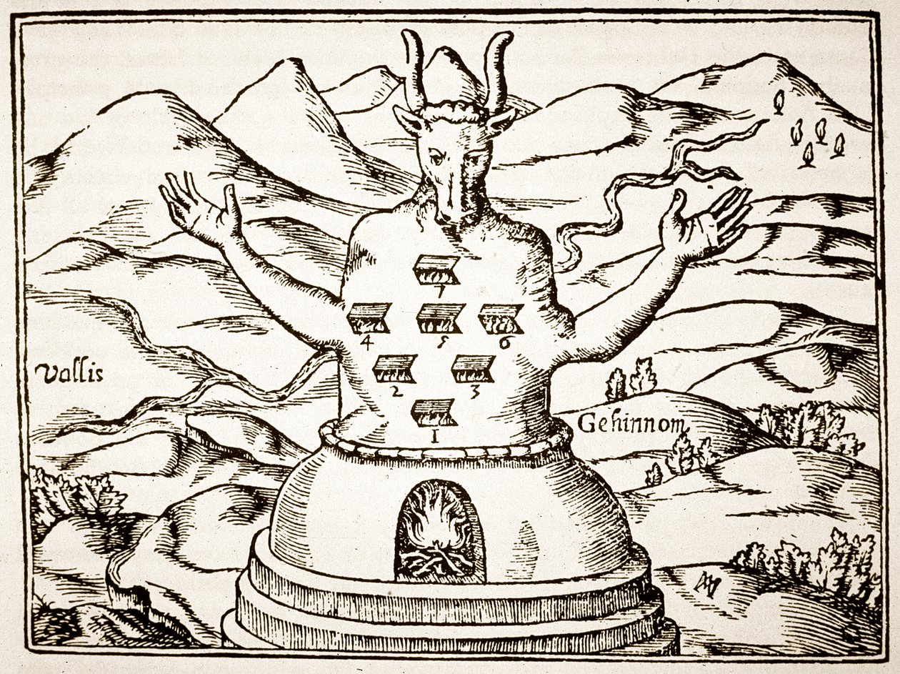 Moloch, kopia av en illustration från Oedipus Aegyptiacus av Athanasius Kirchner, Rom 1652, använd i en historia om magi, publicerad i slutet av 1800-talet av Italian School