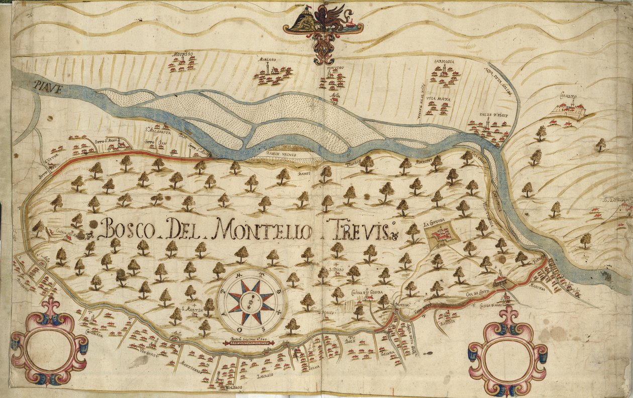 Montello, karta, XVIII-talet, Veneto, Italien av Italian School