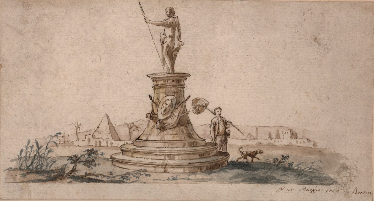 Monument (bläck med tvätt på papper) av Italian School