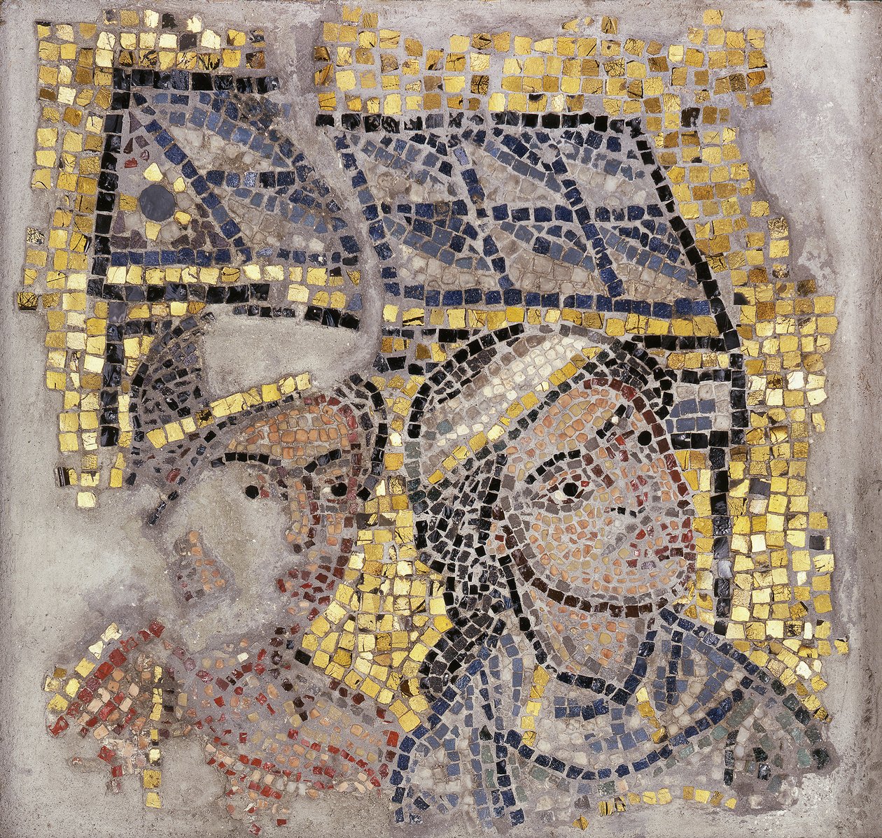 Mosaikpanel med två huvuden och en byggnad i bakgrunden, c.1213 (mosaik) av Italian School