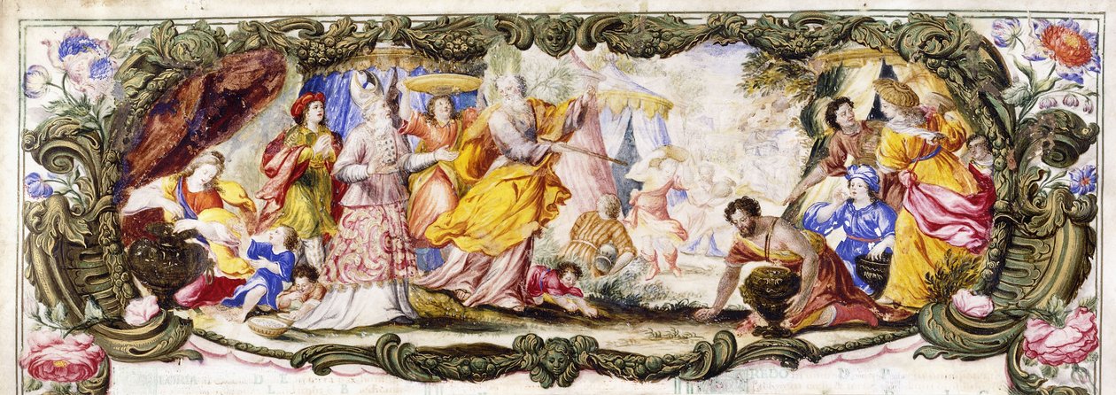 Moses, Aron och Israels barn samlade Manna i öknen, ca 1600-1630 av Italian School
