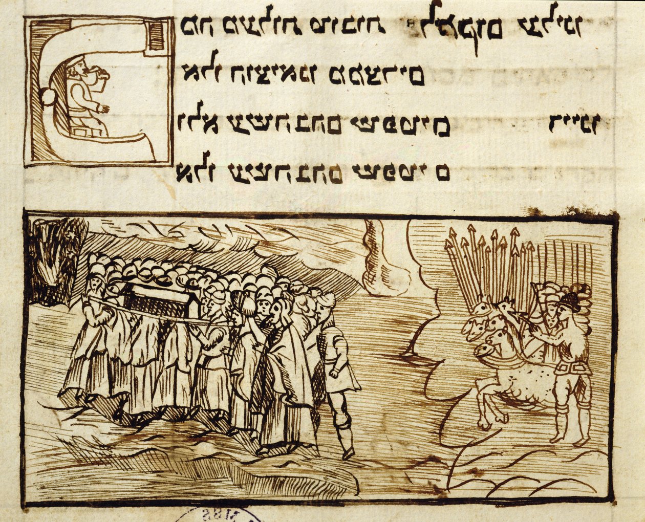 Ms.C.A.2795 Det judiska folket korsar Röda havet med den heliga arken följt av egyptierna, från historien om det judiska folket av Italian School
