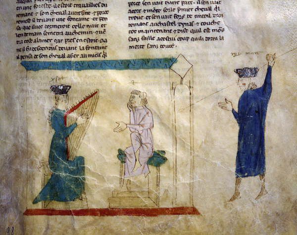 Ms.EST.59 fol.98r Kung Faramonts dotter försöker förföra Tristan, från The Story of Tristan av Italian School
