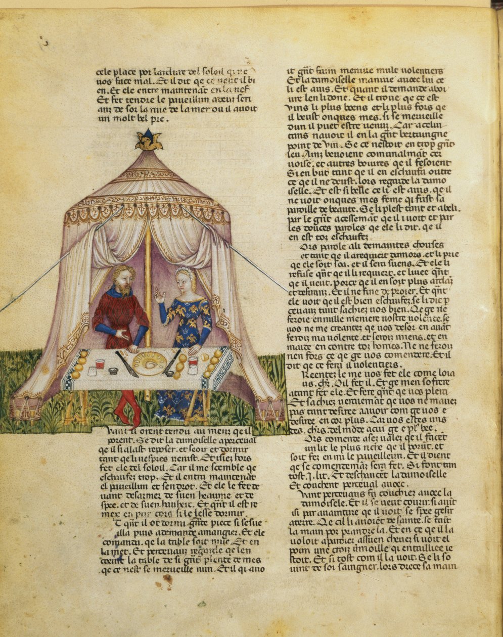 Fr 343 f.31v Sir Percival frestas av en flicka som ger honom en festmåltid innan hon förför honom, från Queste del Saint Graal, ca 1380-85 av Italian School