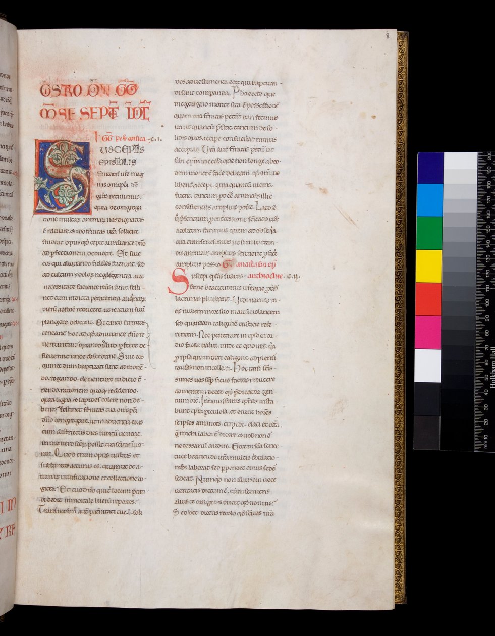 Ms 143. Gregorius den store, Registrum Epistolarum, f.8r. Dekorerad initial [S] med vit vinbladsfyllning och avslutningar av Italian School