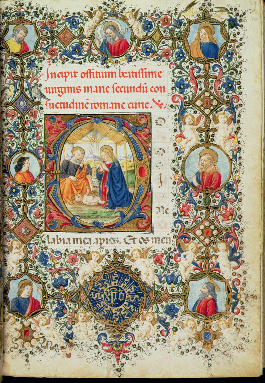 Ms 154 f.14r Adoration of the Christ Child, från en timbok, italienska av Italian School