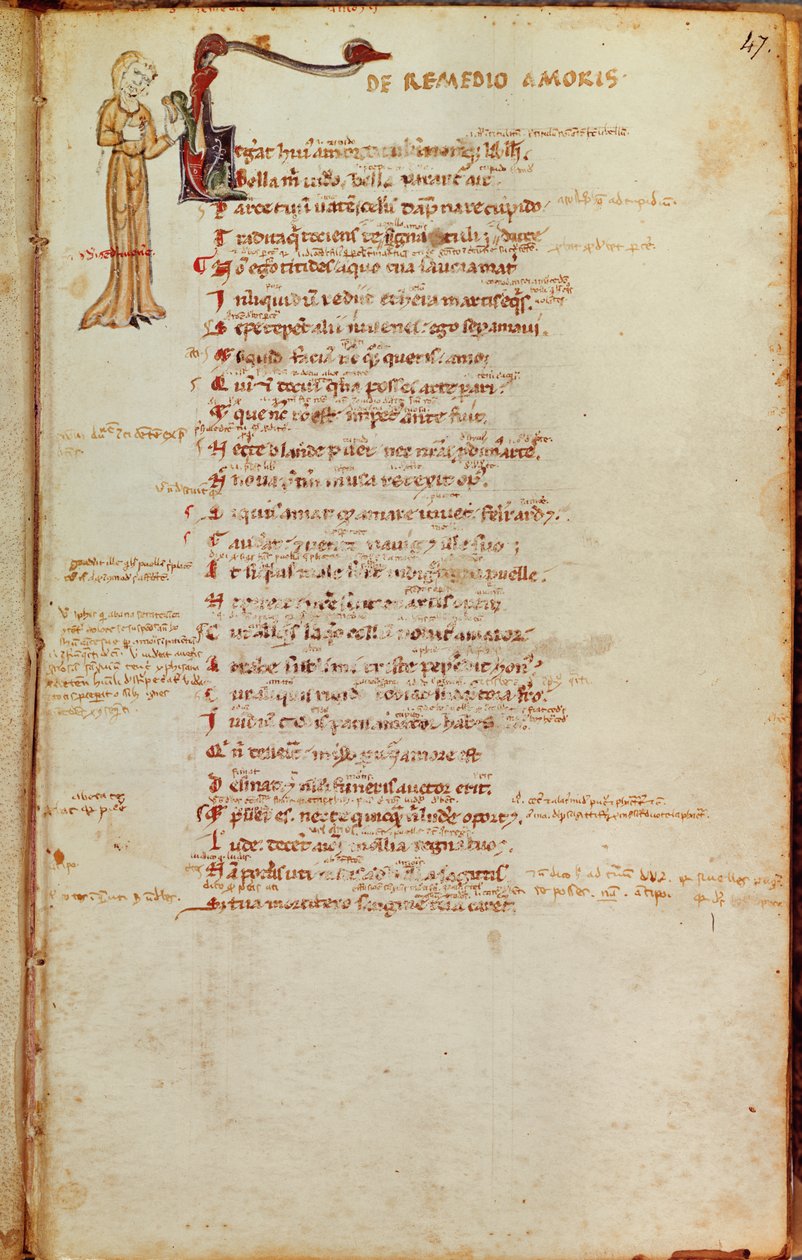 Ms 19 fol.47 Sida med text med en historisk initial, från LArt dAimer av Ovid (43-17 f.Kr.) av Italian School