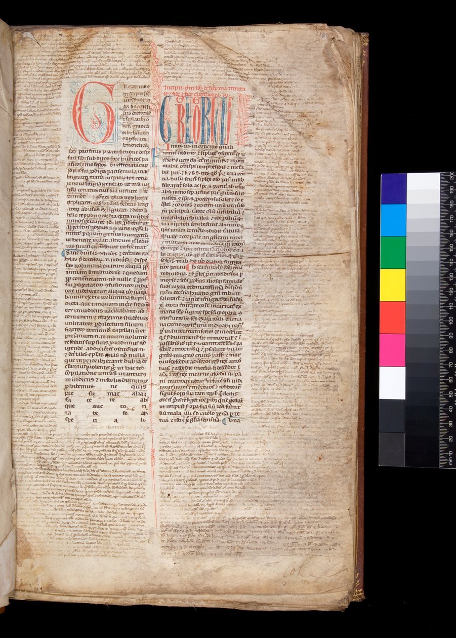 Ms 213. Gregory IX, Decretales with Apparatus av Bernardo Botone från Parma, F.1r. Initial [G] i rött med reserverad och blå pennarbetsdekoration av Italian School