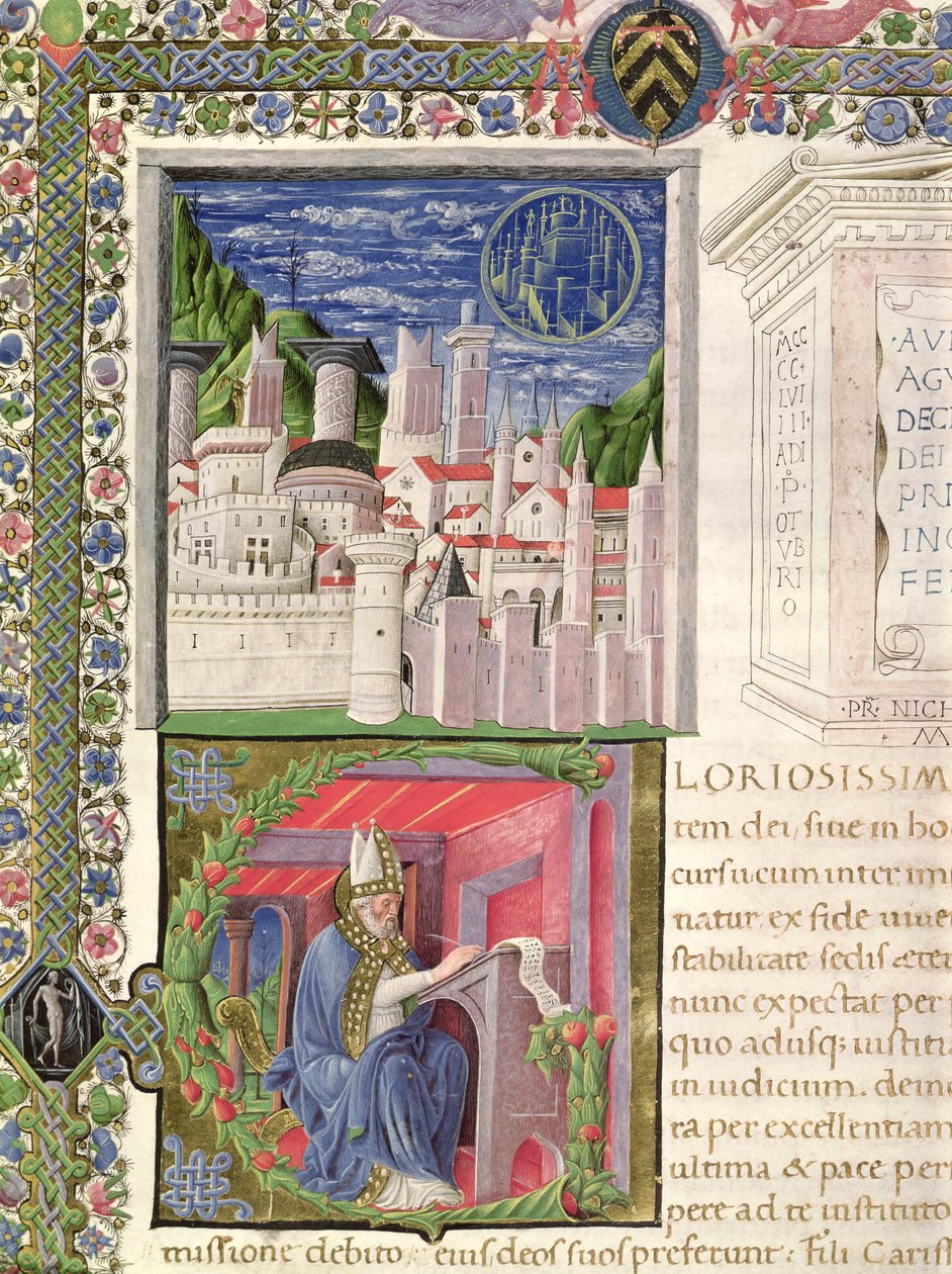 Ms 218 f.2r Utsikt över Rom som Guds stad, och St. Augustine skrift, från 