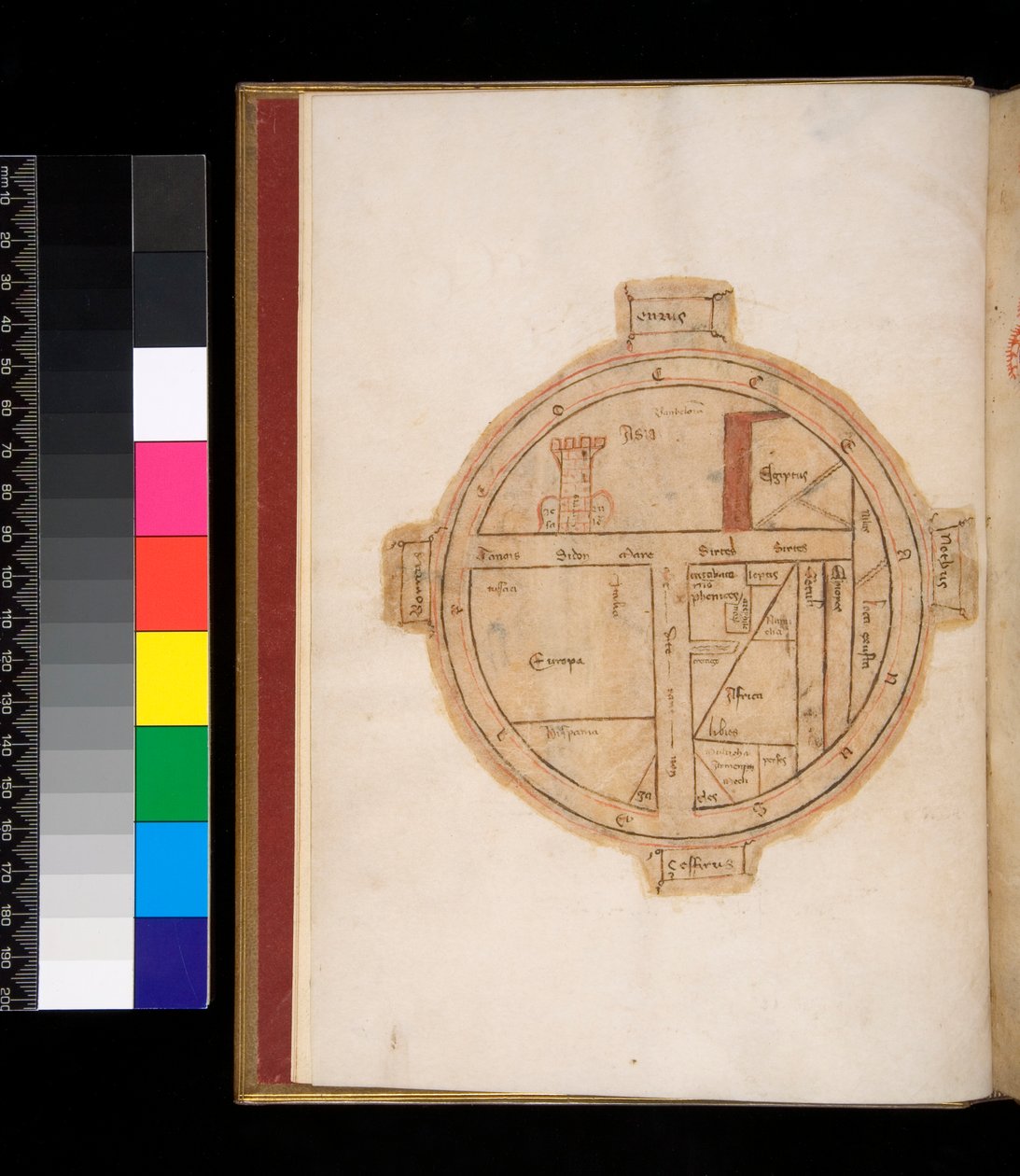 Ms 315. Horace, Ars Poetica och Epistulae, f.1v. T-O Karta över världen, med ett torn som representerar Jerusalem av Italian School