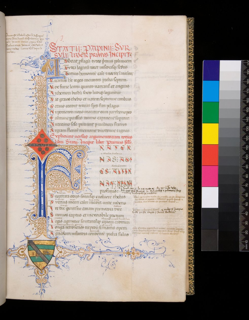 Ms 329. Statius, Thebaid, f.19r. Upplyst initial [F] i blått med reserverad dekor för incipit, och mindre initial [A] i guld för argumentum, och intrikat kontrasterande pennblomning av guld och blått, som sträcker sig till en L-formad bladformad bo av Italian School
