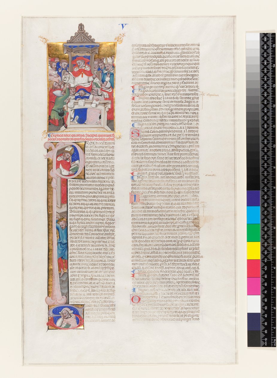 Ms 331 fol.1r Textsida med ett historiskt initialt P och en miniatyr föreställande en kardinal på tronen, från bok V i Gregorius IX:s dekreter, från Bologna, ca 1350 av Italian School