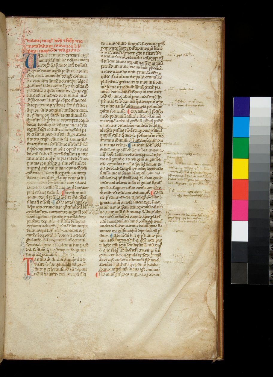 Fru 361. Valerius Maximus Exempel på en rundad gotisk halvfyrkantig bokhand och färgade initialer med kontrasterande dekor med penna av Italian School