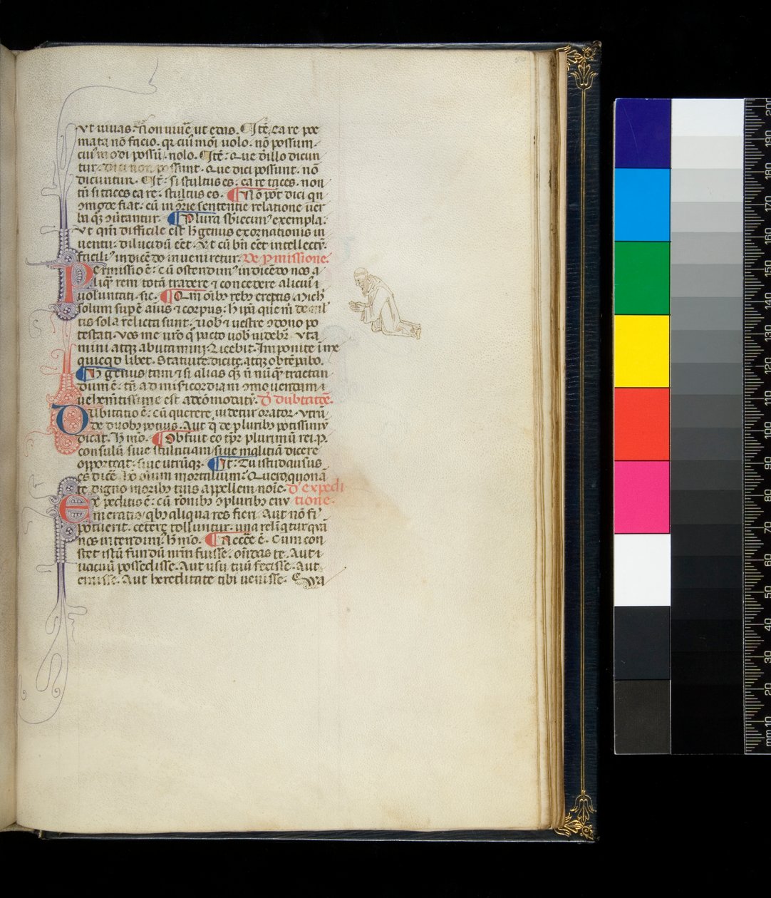 Ms 373. Pseudo-Cicero, Rhetorica ad Herennium och andra verk, f.50r. Pennblommiga initialer och en pennsmycke i marginalen föreställande en knäböjande barfotamunk, ca 1337 av Italian School