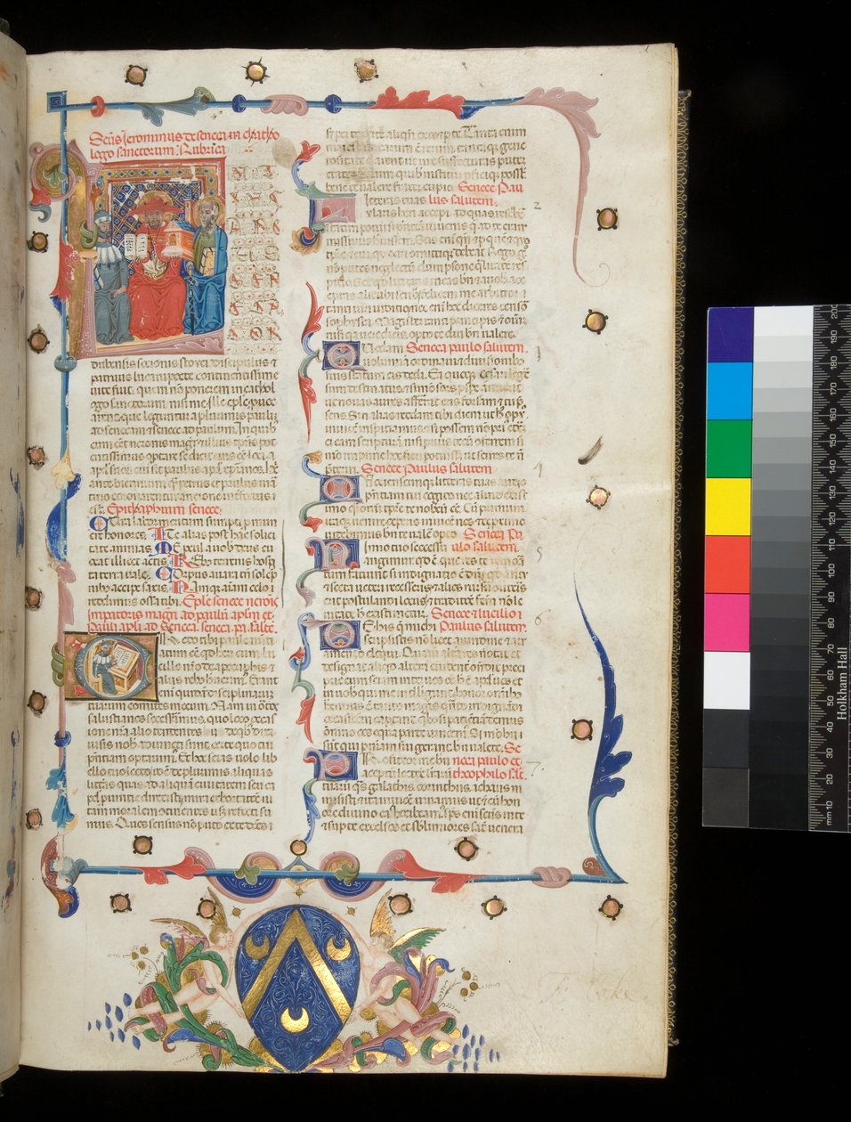 Ms 390. Seneca den yngre, Opera och Seneca den äldre, Excerpta controversiarum, f.1r. Incipit sida med historisk initial [L] som inrymmer Jerome, St Paul och Seneca, Veneto av Italian School