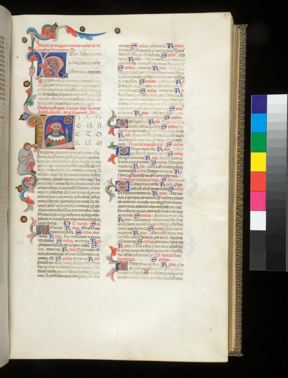 Ms 390. Seneca den yngre, Opera och Seneca den äldre, Excerpta controversiarum, f.95r. Bebodd initial [L], med porträtt av Seneca som pekar på lyckohjulet och på en nedslagen mansfigur i gränsen av Italian School