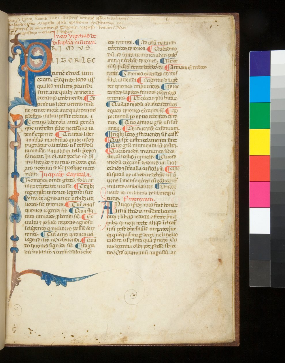 Ms 398. Vegetius, Epitoma rei militaris, f.1r. Dekorerad initial [P] som sträcker sig för att bilda en partiell kant av stavar och akantus, Padua?, sent 1200-tal (pergament) av Italian School