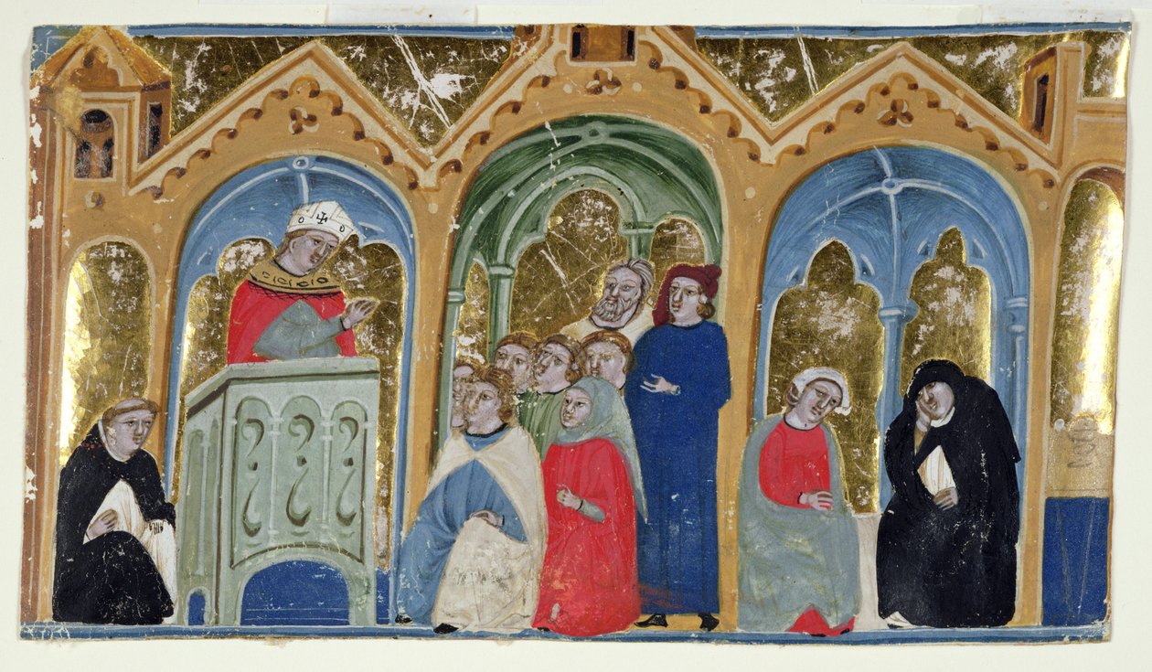 Ms. 400-2000: Miniatyr från Gratians Decretum som visar en biskop som predikar för en församling, ca 1325-30 av Italian School