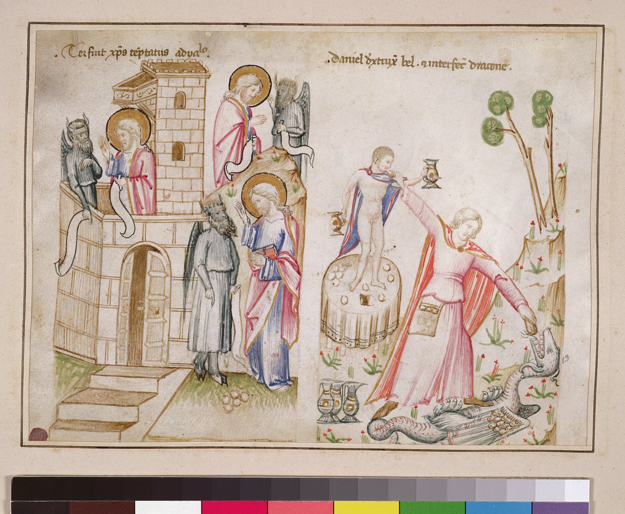 Ms 43-1950 (5v) Christs Temptation, Daniel förstör Bel, från Speculum Humanae Salvationis av Italian School