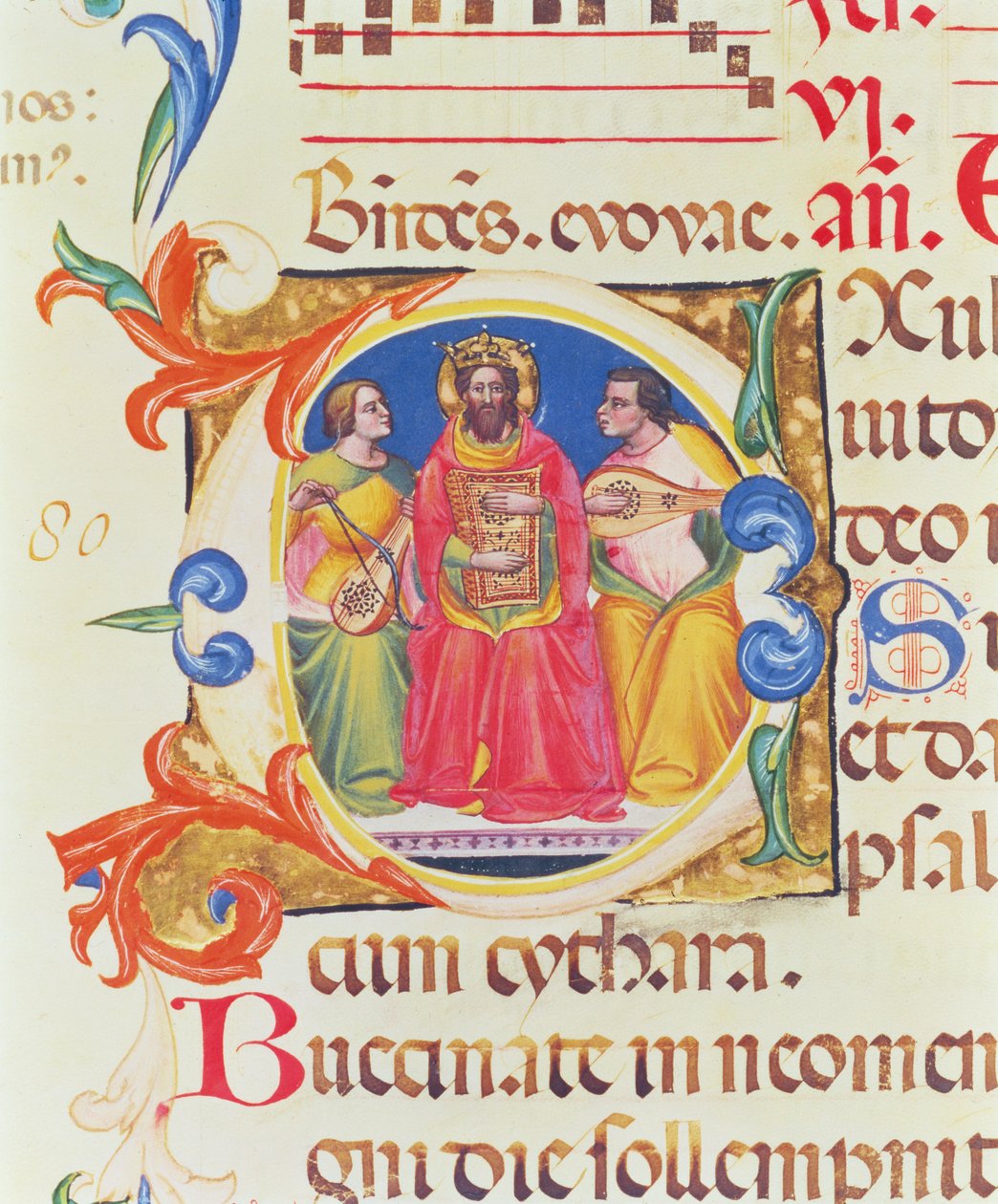 Ms. 559 f.155v Historikert initial O som föreställer kung David och två änglar, från Santa Maria Novellas psalter, upplyst av Paolo Soldini (fl.1342-86) 1379 av Italian School