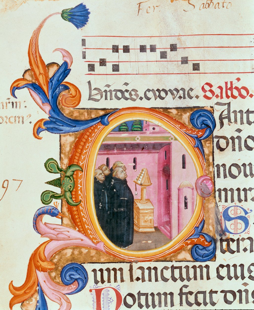 Ms 559 f.176f Historikerad initial C som föreställer munkar som tittar på en text, från Santa Maria Novellas psalter, upplyst av Paolo Soldini (fl.1342-86) 1379 av Italian School