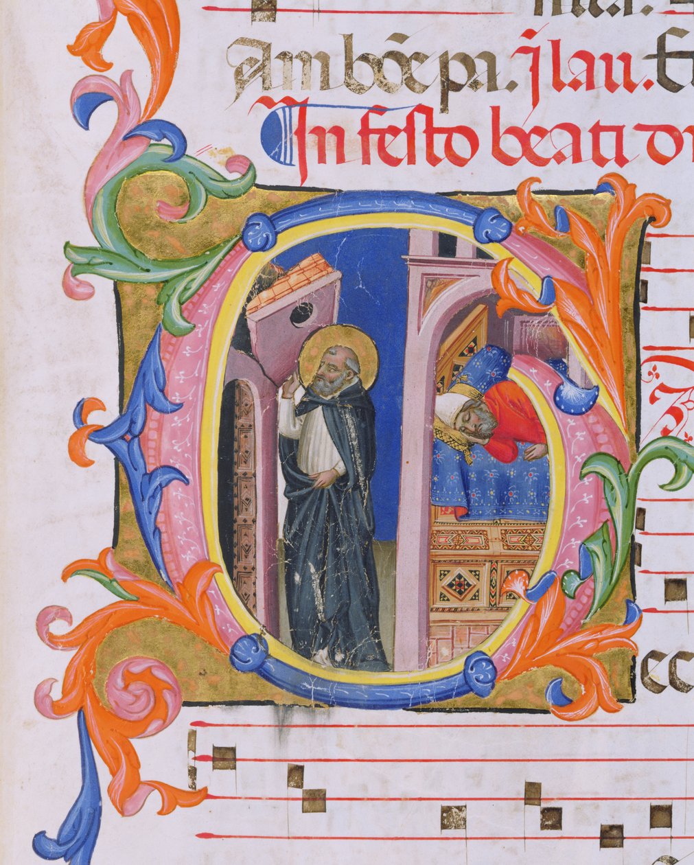 Ms 559 f.298v Historikert initial G som föreställer den helige Dominicus som upprätthåller kyrkan och drömmen om påven Honorius III (1216-27) från Psalter H från San Marco e Cenacoli av Italian School