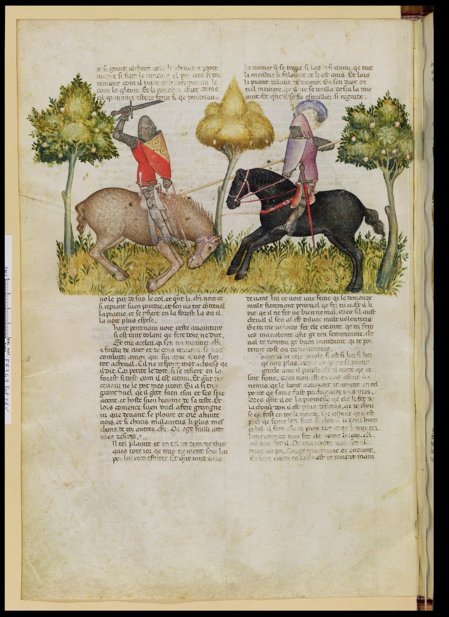 Fr 343 fol.26v Sir Percivals häst dödas, från Queste del Saint Graal, c.1380-85 av Italian School