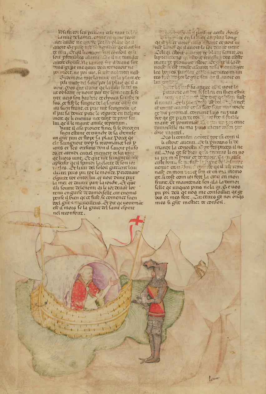 Ms Fr 343 fol.32v Det vita skeppet kommer för att rädda Percival, från Queste del Saint Graal, c.1380-85 av Italian School