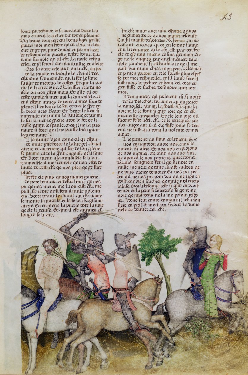 Fr 343 fol.43 En riddare av det runda bordet, Sir Bors, tvingas göra ett val mellan att rädda sin bror Lionel eller rädda en flicka, från Queste del Saint Graal, ca 1380-85 av Italian School