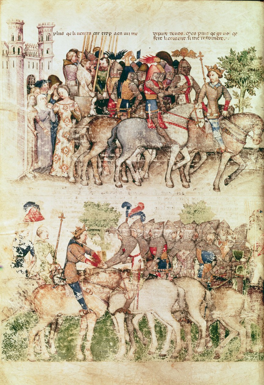 Fr 343 fol.8v Arthur och hans riddare ger sig ut på jakten efter den heliga gralen, från Queste del Saint Graal, c.1380-85 av Italian School