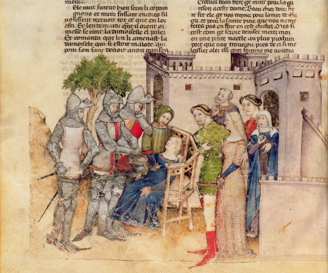 Fr 343 fol. 59v The Death of Percivals Sister, från Queste del Saint Graal, c.1380-85 av Italian School