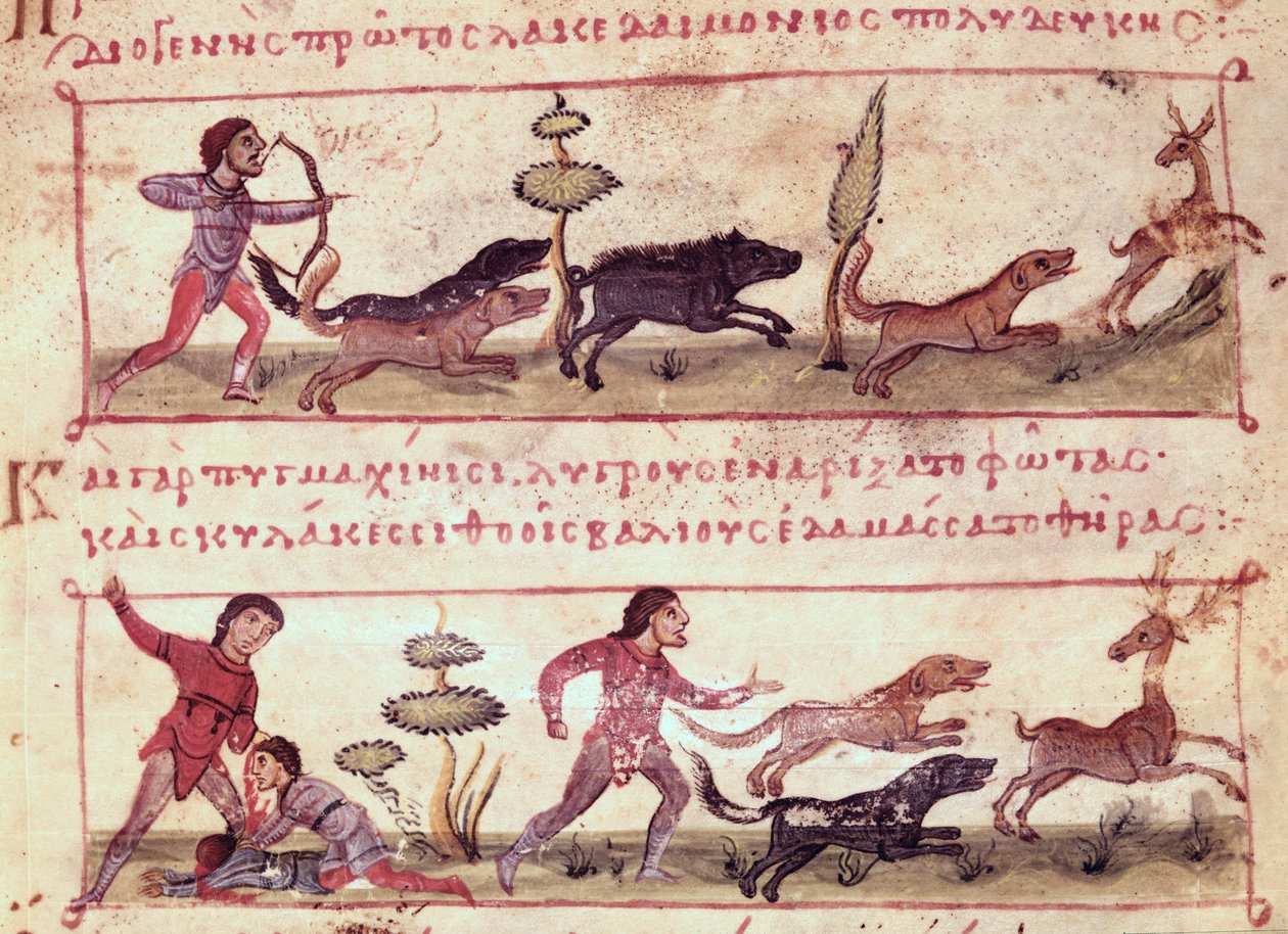 Ms Grec 479 Deer Hunting, illustration från Cynegetica av Oppian (tempera på veläng) av Italian School